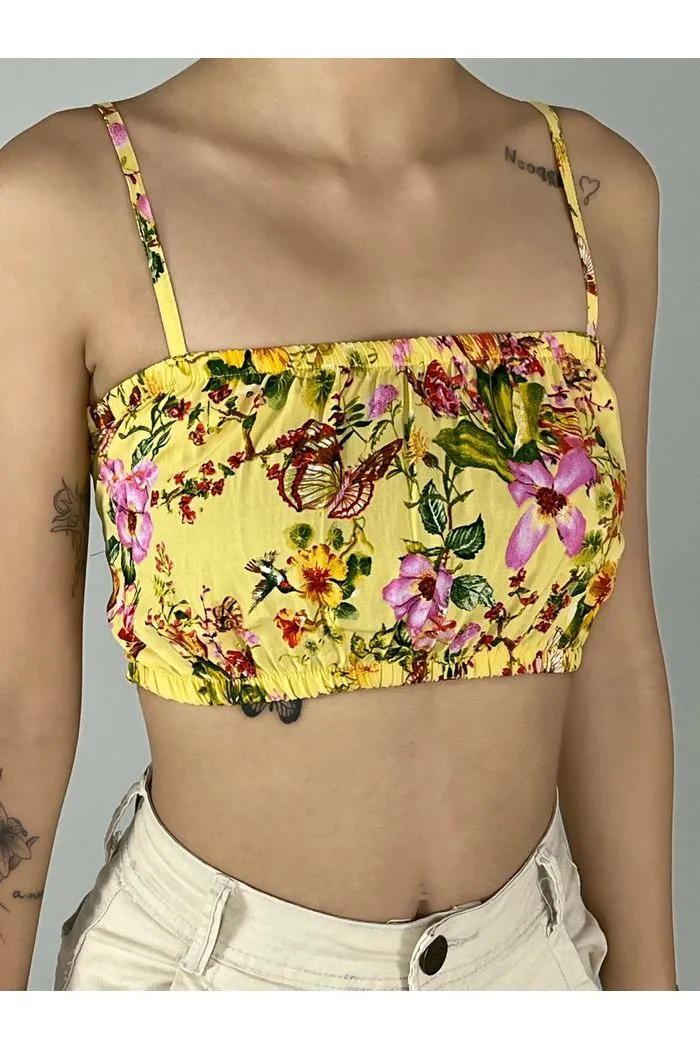 Yacamim F10 Yellow Printed Strappy Top
