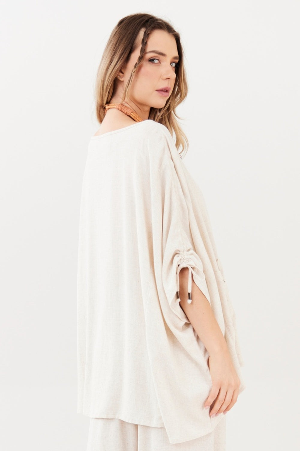 Yacamim A20 Beige Viscose Linen Wide Tunic