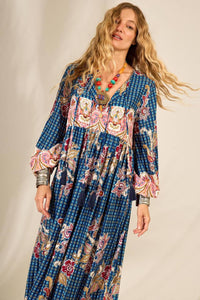 Long Blue Paisley Print Puffed Sleeve Dress Yacamim E2