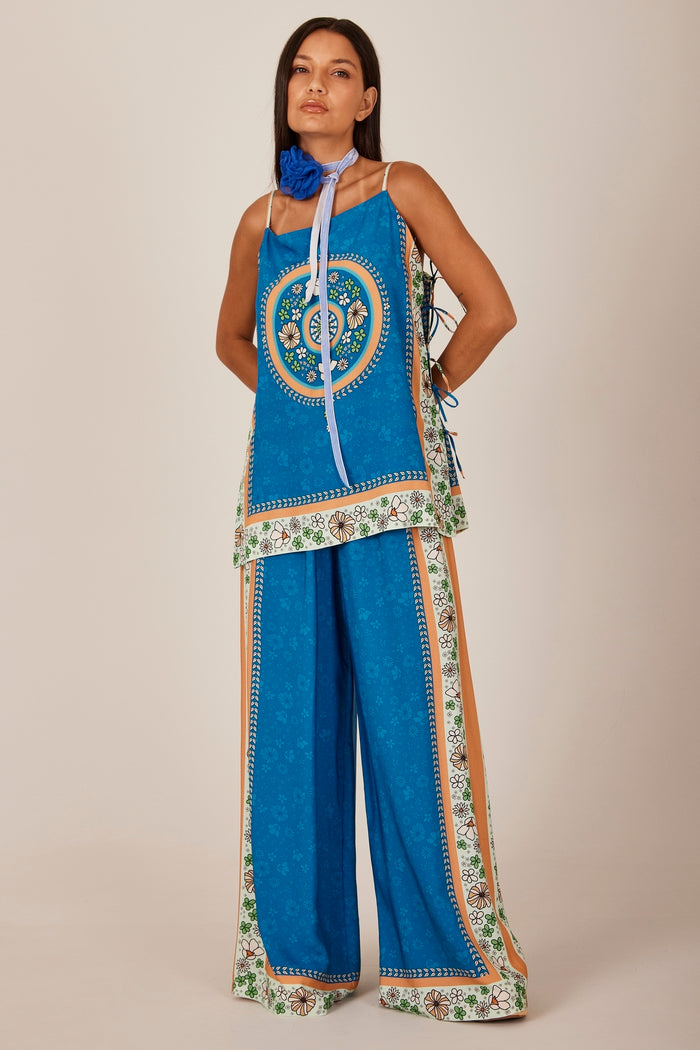 Yacamim A27 Blue Printed Wide-Leg Pants