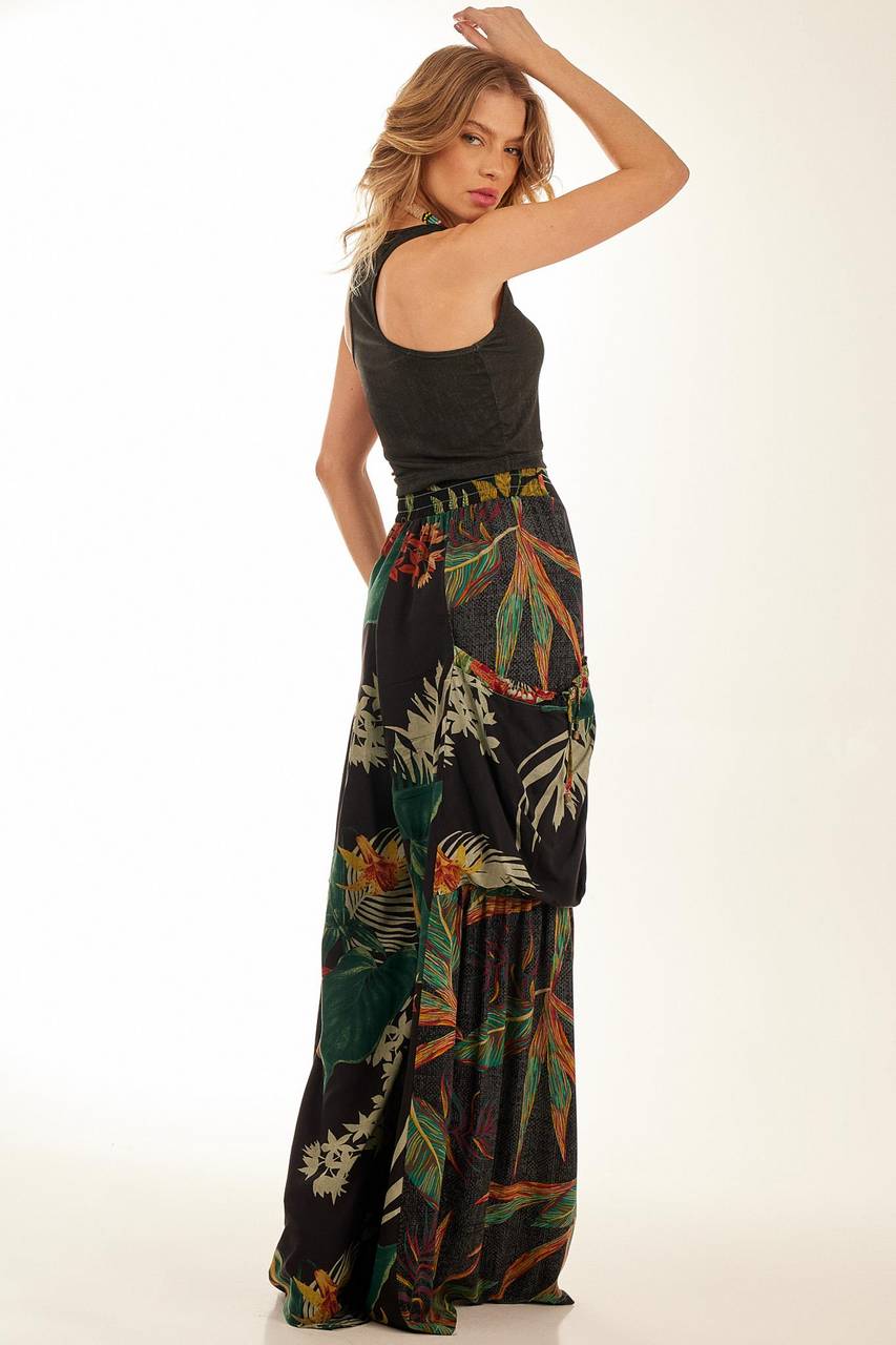Black Patchwork Yacamim Palazzo Pants with Side Pockets