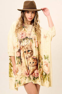 Loose Beige Tunic with Exclusive Yacamim Cat Print