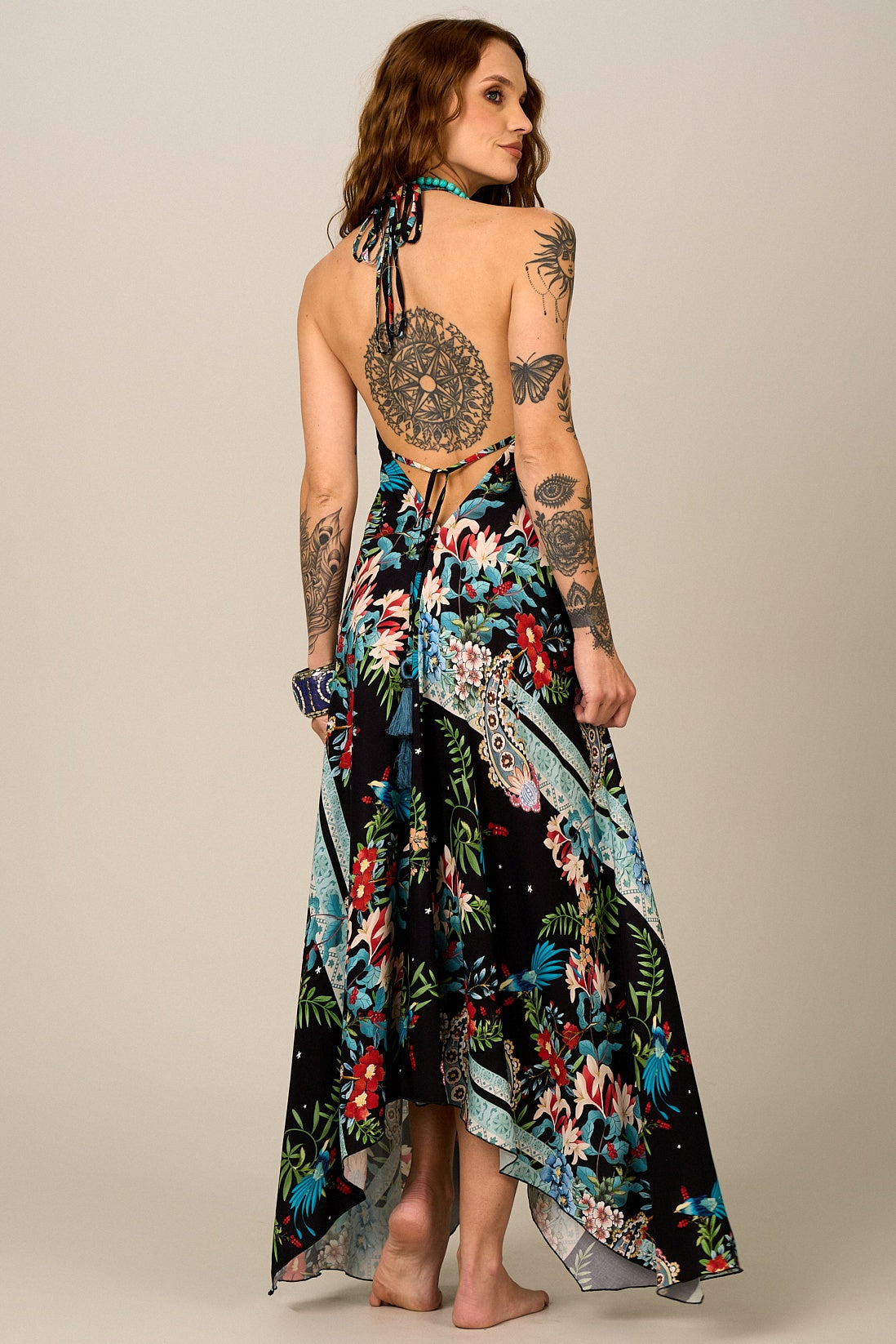 Yacamim D27 Black Paisley Print Halterneck Maxi Dress