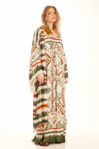 Yacamim Long Kimono with Green Tie-Dye Digital Print and Fringes