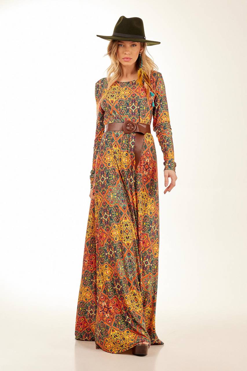 Long Dress with Tight Long Sleeves, Arabesque Print Yacamim