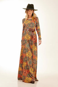 Long Dress with Tight Long Sleeves, Arabesque Print Yacamim