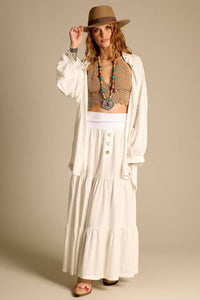 Yacamim F24 Women's White Long Linen Skirt with Braided Belt