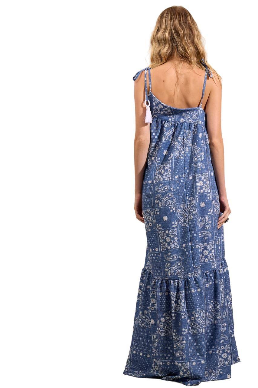 Yacamim E4 Blue Cashmere Print Long Dress with Straps and Asymmetrical Cut