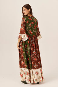 Yacamim Burgundy Patchwork Long Dress with Crochet Appliqués E19