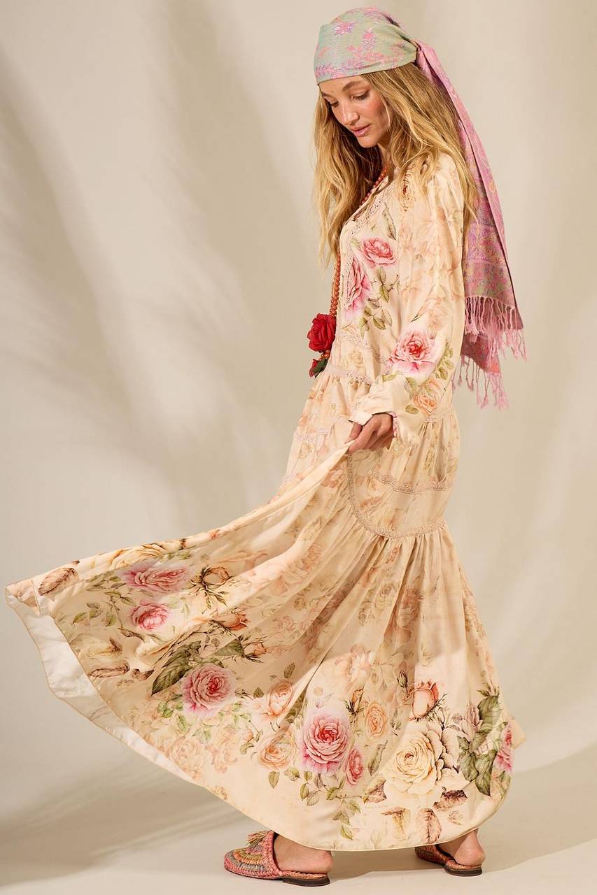 Long Beige Printed Long-Sleeved Dress Yacamim Retro Collection E22