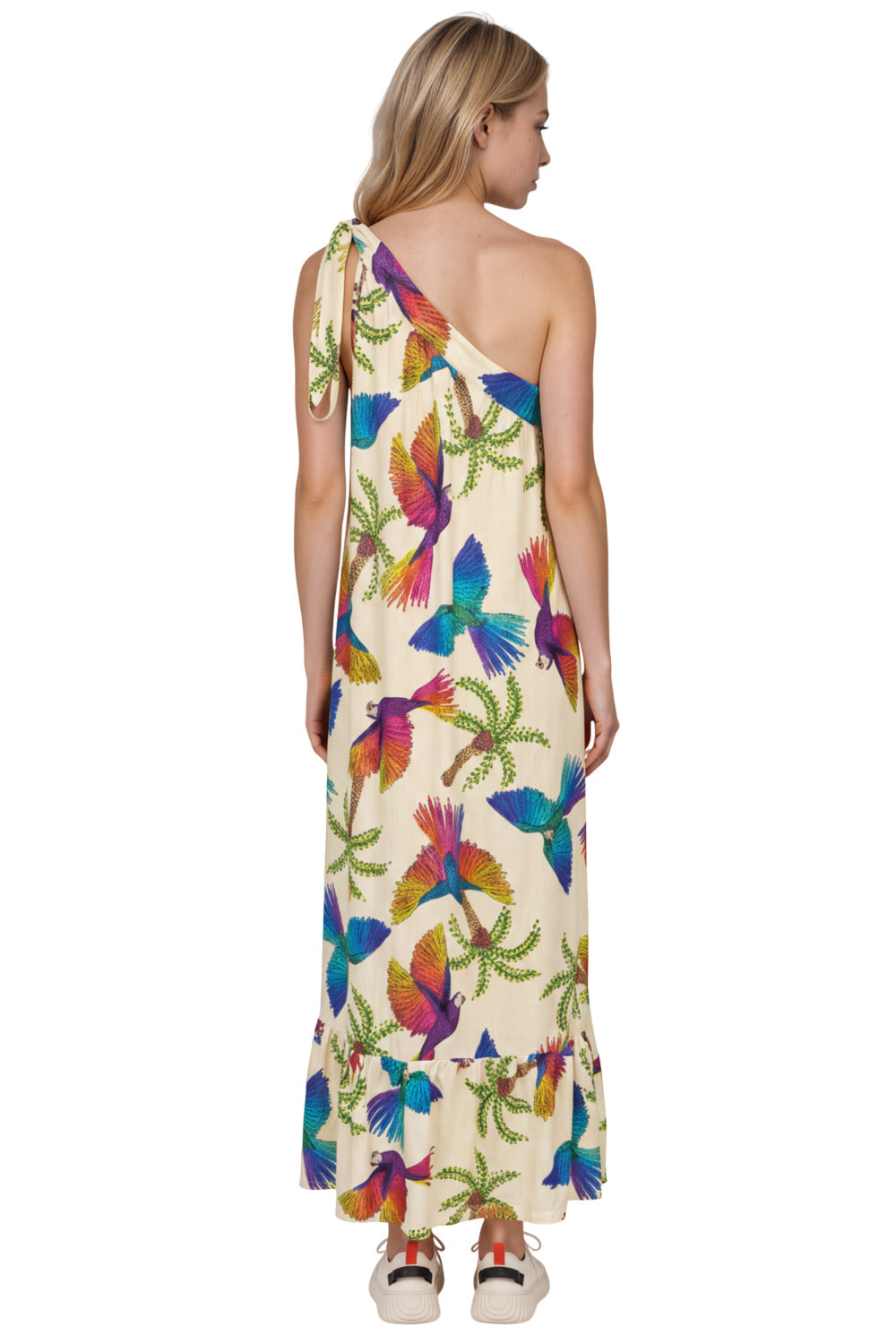 Vestido Longo De Um Ombro Só Bege Estampado Yacamim C4