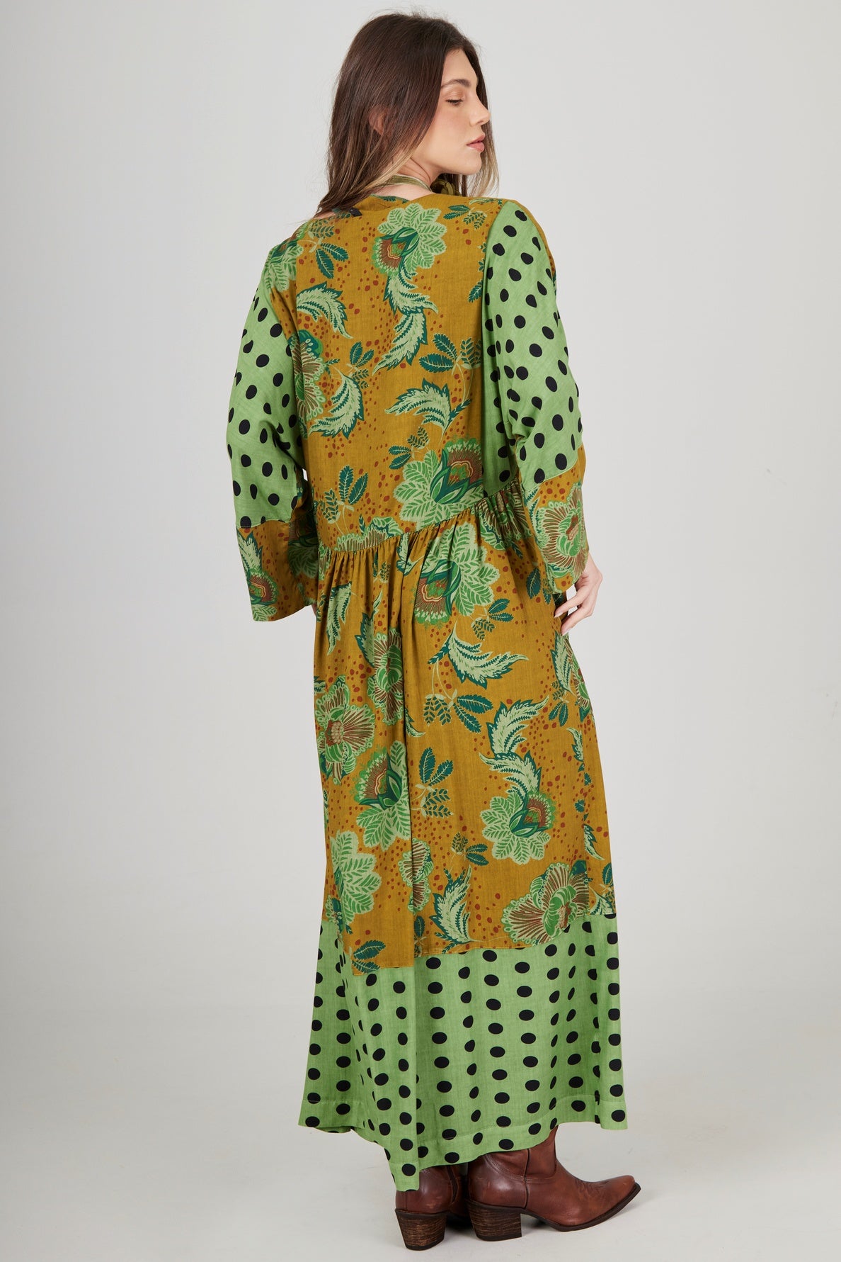 Yacamim E7 Green Patchwork Print Loose Midi Dress