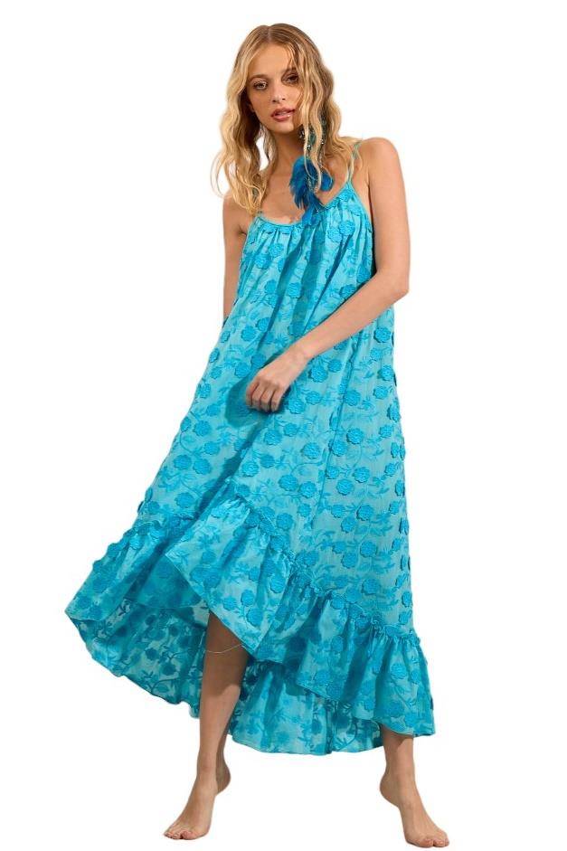 Yacamim C27 Blue Embroidered Flower Broderie Mullet Dress