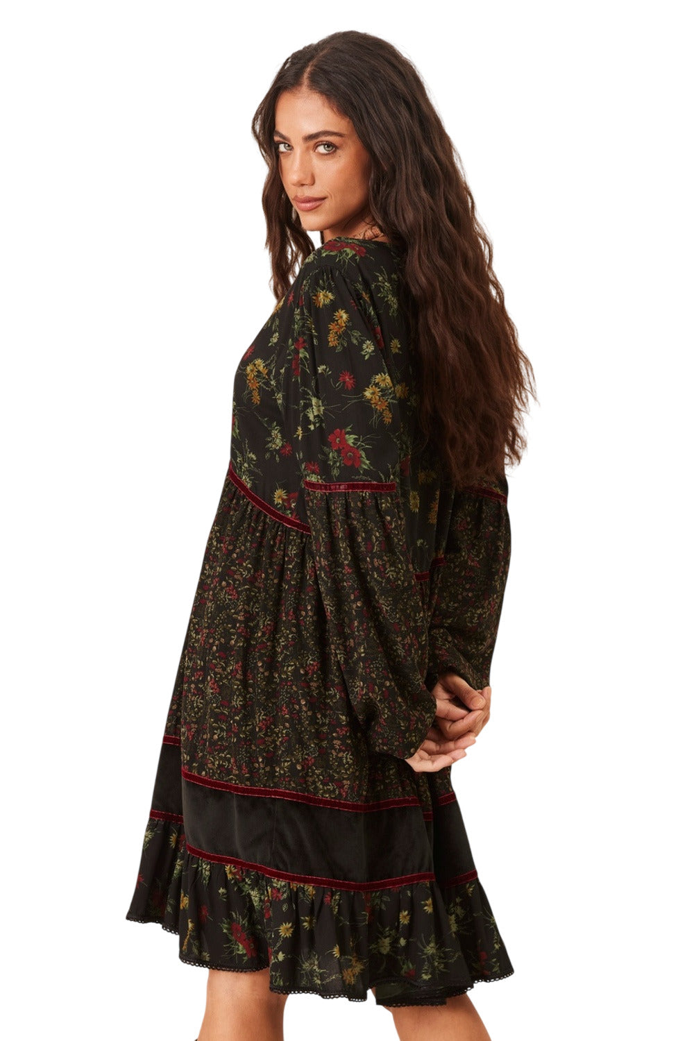 Vestido Curto Manga Longa Bufante Verde Escuro Patchwork Yacamim D31