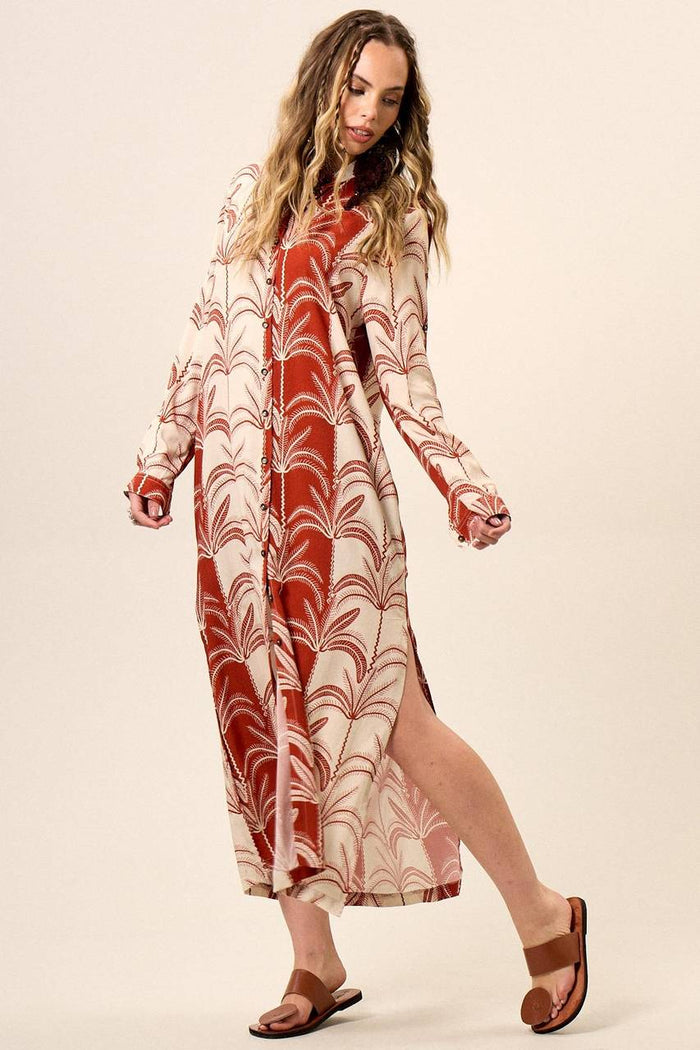 Yacamim N5 Long Beige and Red Printed Long-Sleeved Chemise