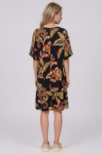 Vestido Curto Com Mangas Curtas Preto Estampado Yacamim D14