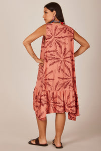 Yacamim E21 Pink Printed Linen Sleeveless Short Dress