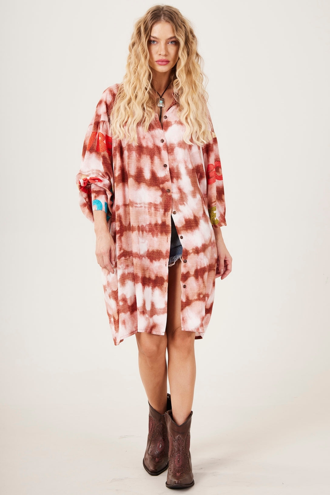 Yacamim L2 Brown Tie-Dye Digital Print Oversized Shirt