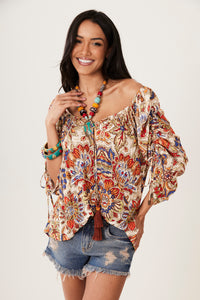 Yacamim B5 Beige Printed Gypsy Blouse with Long Sleeves