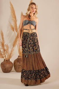 Long Skirt With Smocked Waist Dark Green Patchwork Yacamim G3
