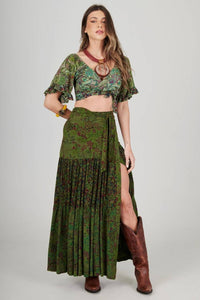 Yacamim A38 Green Patchwork Wrap Long Skirt