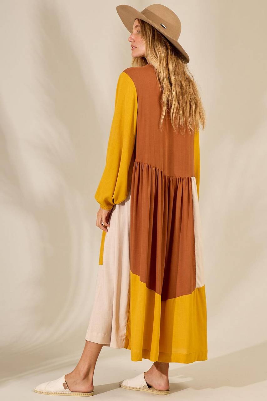 Yacamim Yellow Midi Dress with Puffed Long Sleeves <br />