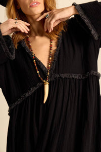 Yacamim Black Long Sleeve V-Neck Long Dress e23