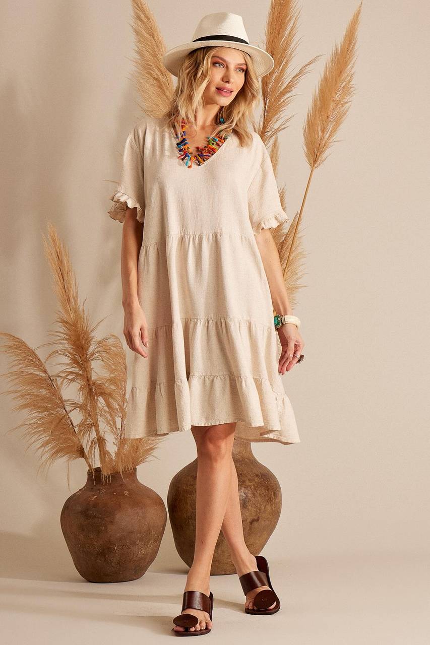 Yacamim E9 Beige Linen V-Neck Short Dress