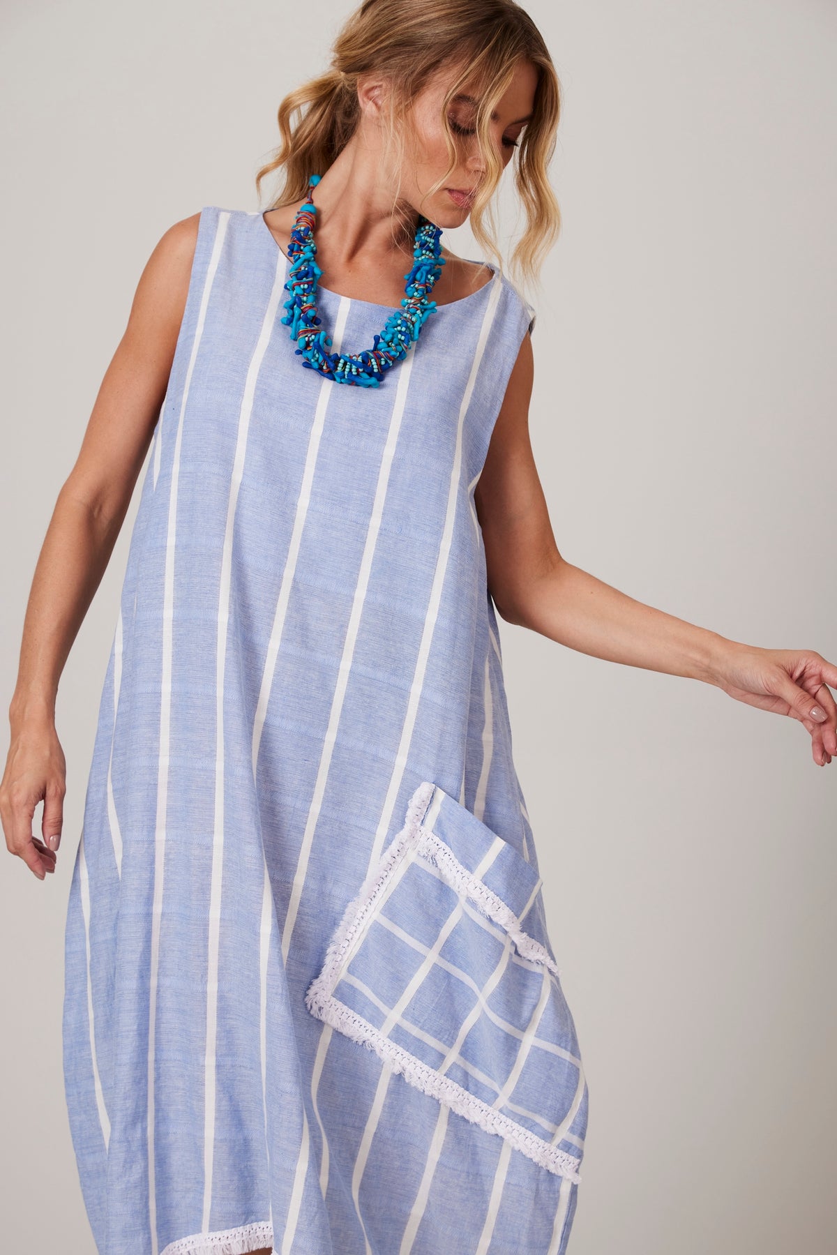 Yacamim E13 Light Blue Striped Midi Tank Dress