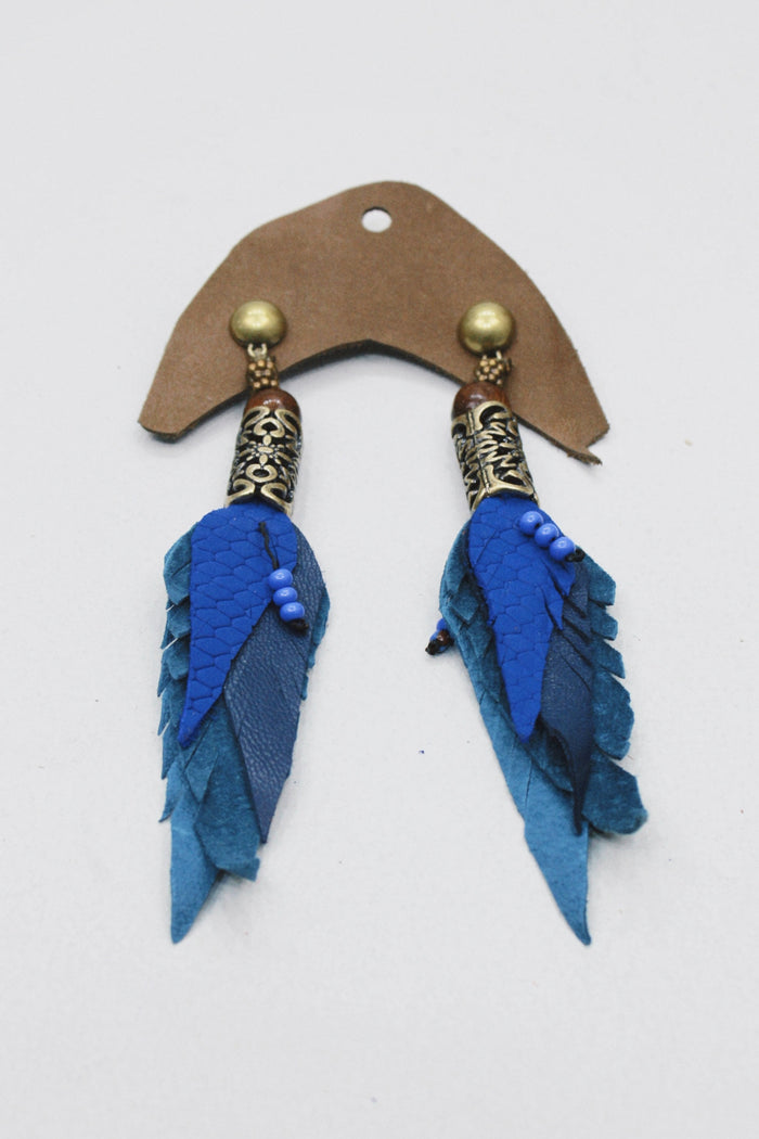 Handmade Blue Leather Earring with Crafted Metal Yacamim #506