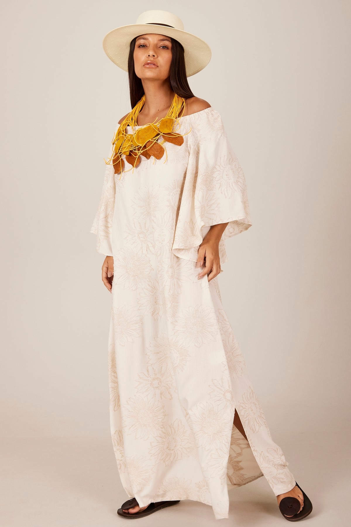 Yacamim E14 Beige Printed Linen Off-the-Shoulder Long Dress