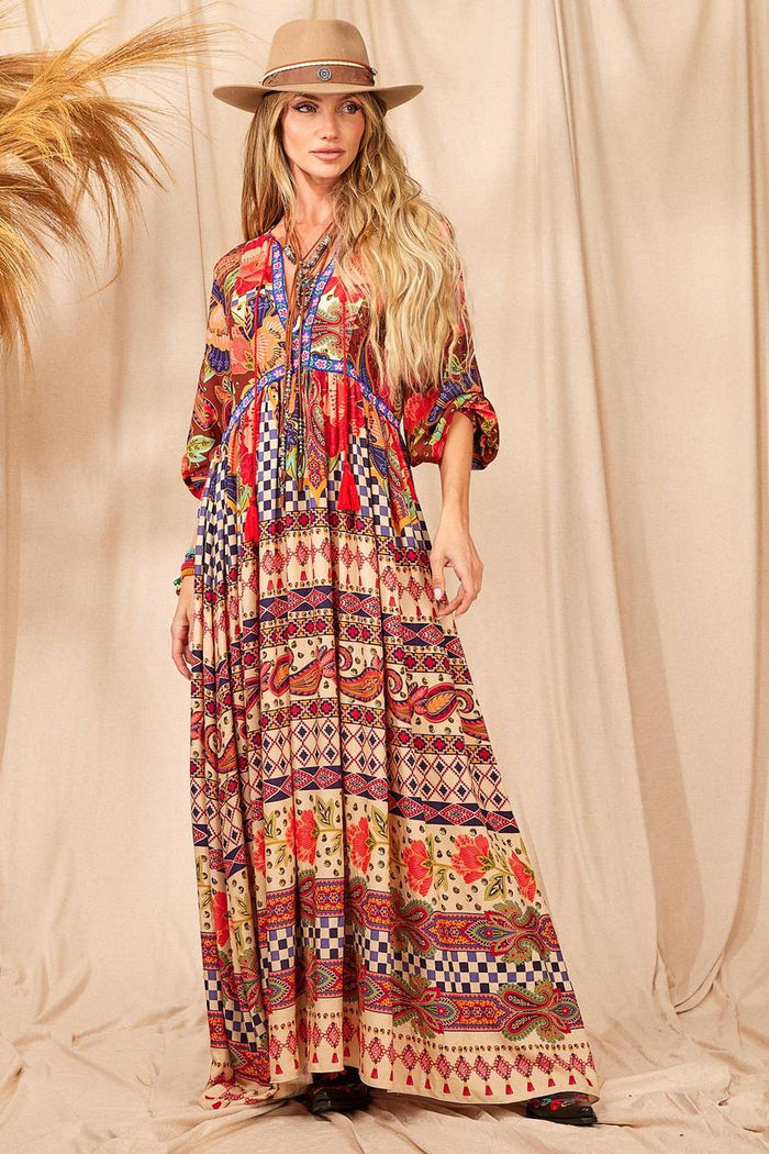 Yacamim Red Printed V-Neck Maxi Dress