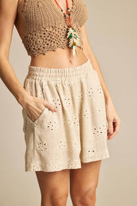 Yacamim A12 Beige Broderie Linen Shorts
