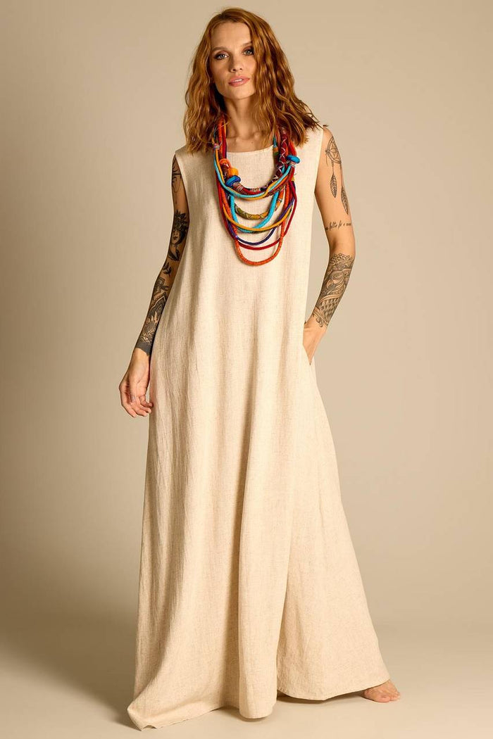 Yacamim Women's Long Linen Tank Dress Beige E2