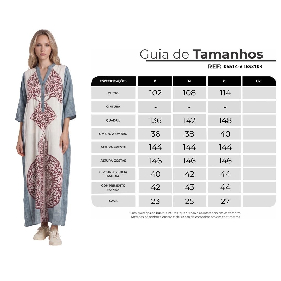 Vestido Longo Gola Padre Bege E Cinza Estampado Yacamim C30