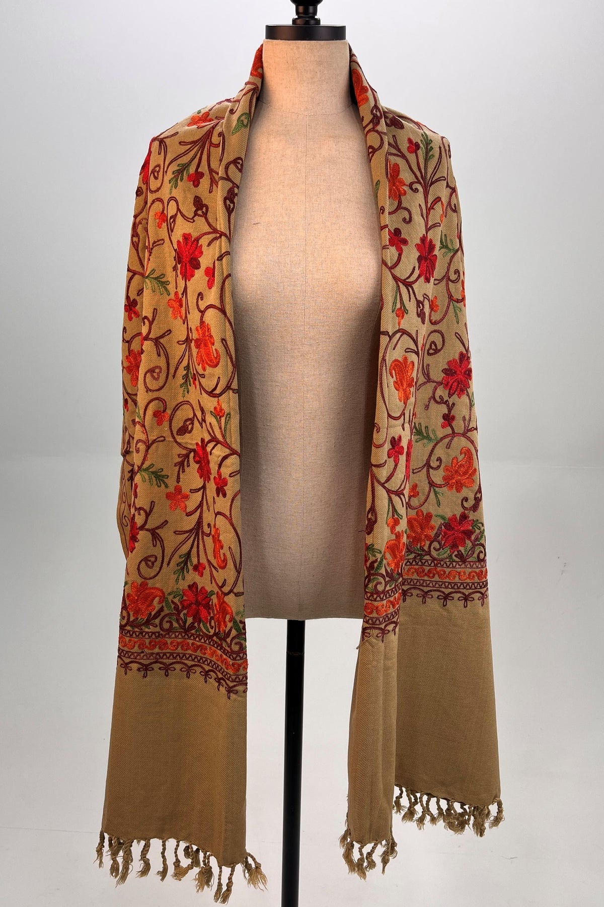 Yacamim Light Brown Embroidered Cashmere Scarf #334