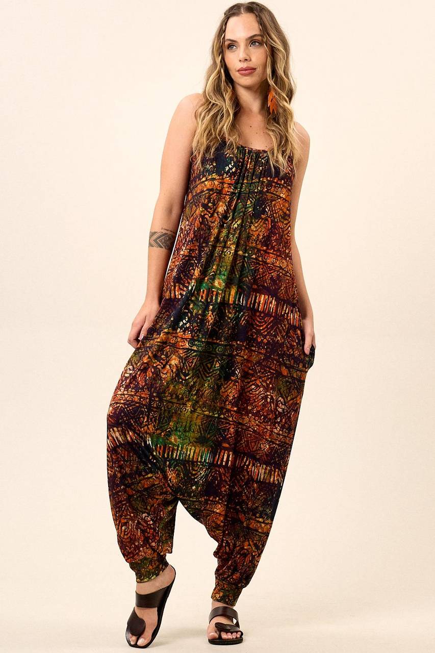Harem Jumpsuit with Straps and Pockets Digital Batik Print Yacamim