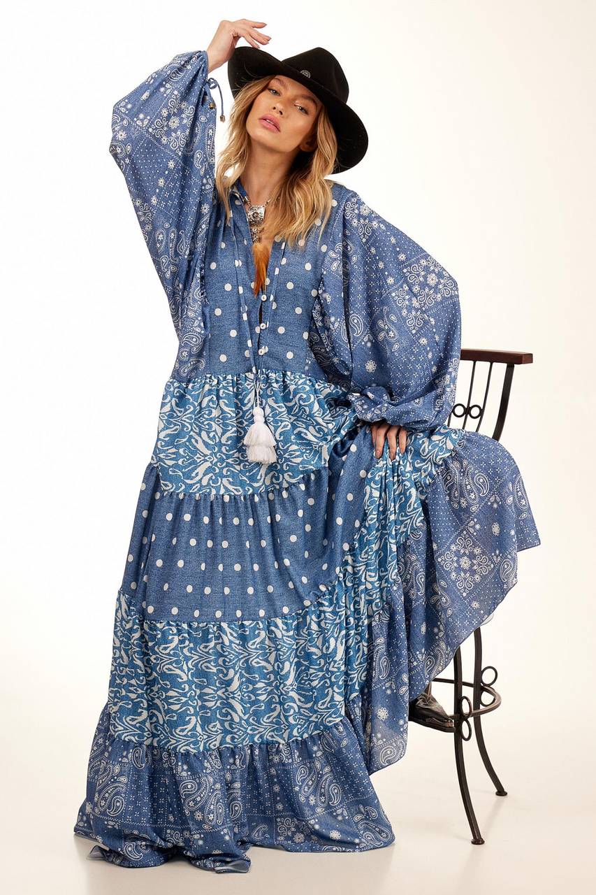 Yacamim Women's Long Wide Polyester Blue Printed Patchwork Dress