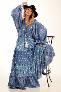 Yacamim Women's Long Wide Polyester Blue Printed Patchwork Dress