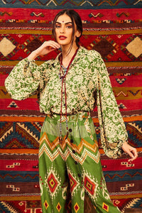Yacamim Green Printed Loose Shirt with Puffy Long Sleeves