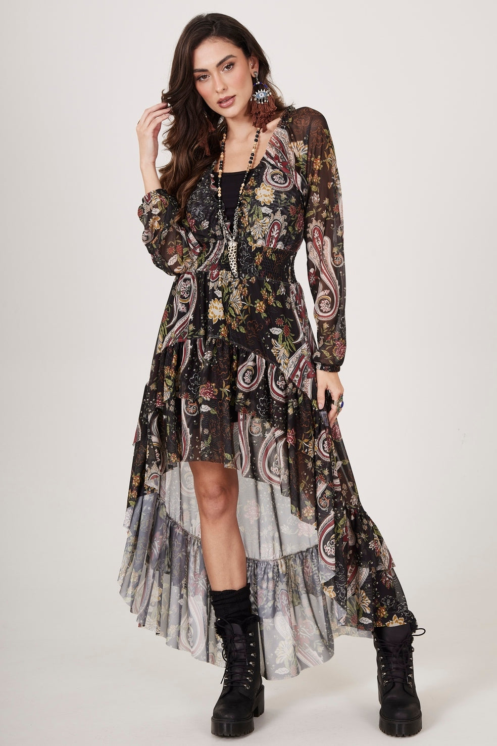 Yacamim E5 Black Tulle Mullet Dress with Paisley Print