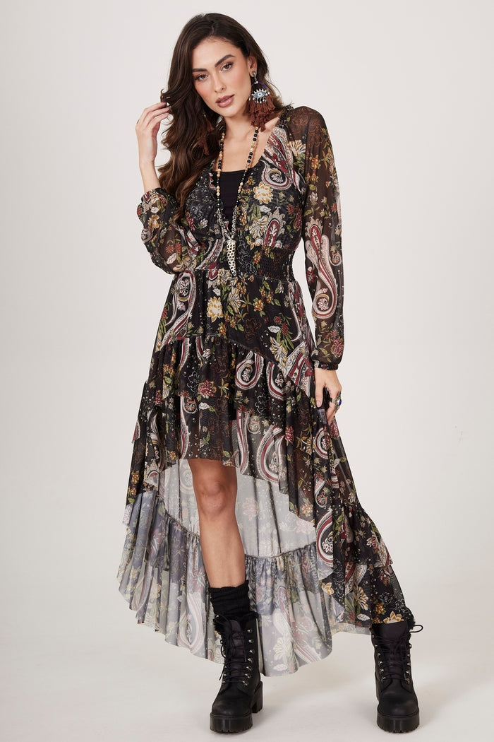 Yacamim E5 Black Tulle Mullet Dress with Paisley Print