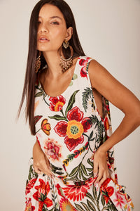Yacamim E22 White Printed Linen Sleeveless Midi Dress