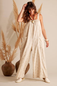 Yacamim Women's Textured Beige Linen Jumpsuit O6