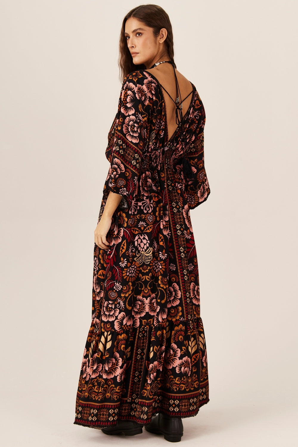 Yacamim C18 Printed Black Shirred Long Dress