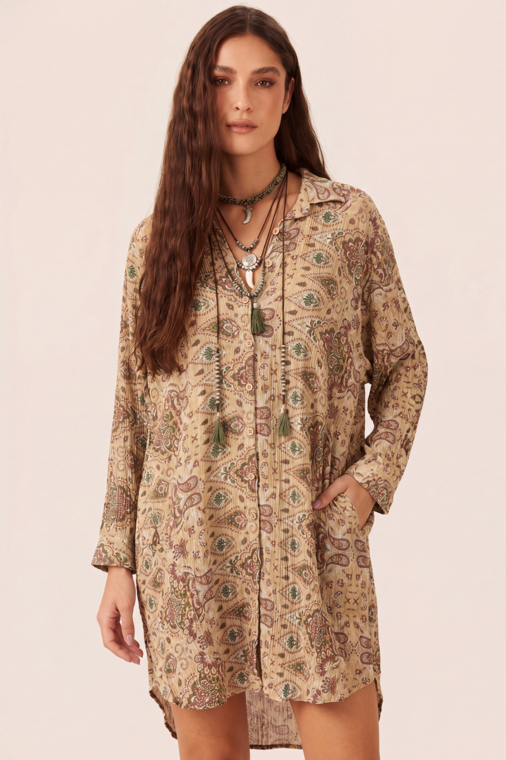 Yacamim L3 Beige Paisley Short Long-Sleeved Chemise