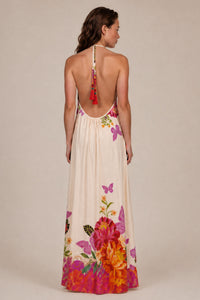 Vestido Longo Frente Única Bege Floral Com Borboletas Yacamim E6