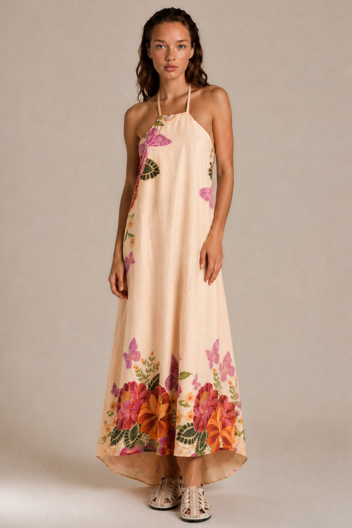 Vestido Longo Frente Única Bege Floral Com Borboletas Yacamim E6