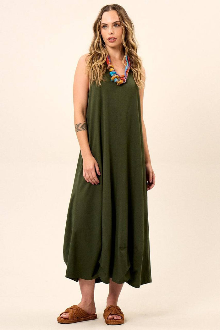 Yacamim Dark Green Viscose Linen Tank Dress with Shell Hem