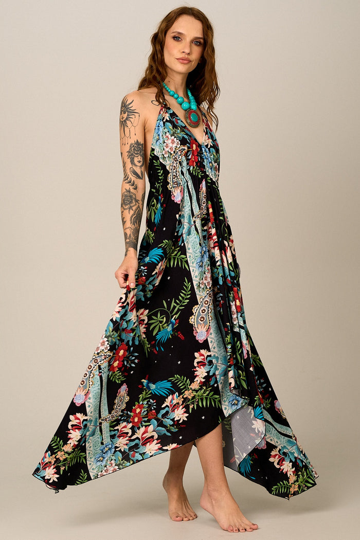 Yacamim D27 Black Paisley Print Halterneck Maxi Dress